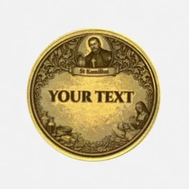 Rückseite der Kamillus Münze mit Platz für Gravur in Rahmen mit Krankenpflege Motiv und Medizin