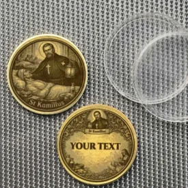 Personalisiertes Geschenk Hl. Kamillus Münze mit Textgravur in Rahmen mit Pflegeszene