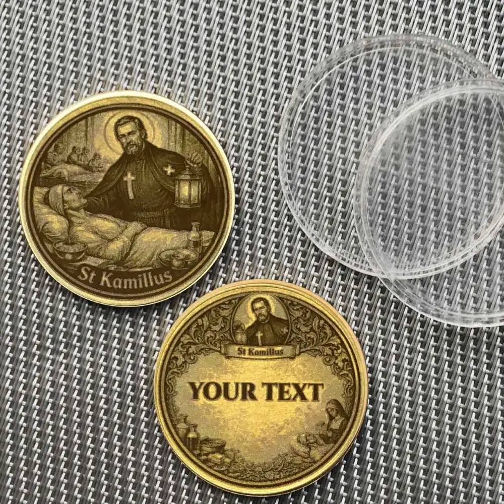 Personalisiertes Geschenk Hl. Kamillus Münze mit Textgravur in Rahmen mit Pflegeszene