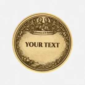 Rückseite der Kosmas und Damian Münze mit Platz für Gravur in Rahmen mit Apotheker Zubehör und Kräutern