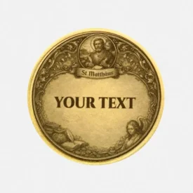 Rückseite der Matthäus Münze mit Platz für Gravur in Rahmen mit Münzen Buch und Feder