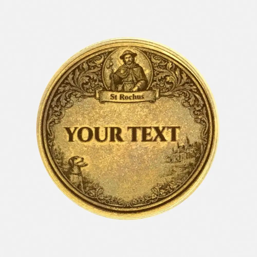 Rückseite der Rochus Münze mit Platz für Gravur in Rahmen mit Hundemotiv und Kirche
