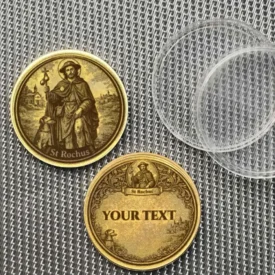 Personalisiertes Geschenk Hl. Rochus Münze mit Textgravur in Rahmen mit Hund und Kapelle