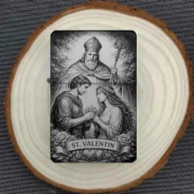St. Valentin Feuerzeug personalisiert, Gravur des Schutzpatrons der Liebenden auf schwarzem Metall, auf Holzscheibe präsentiert.