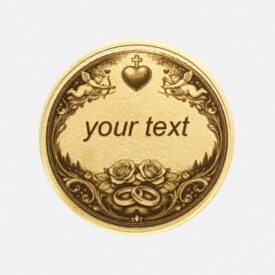Rückseite der Valentin Münze mit Platz für Gravur in romantischem Rahmen mit Rosen und Eheringen