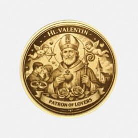 Detailansicht Messingmünze Heiliger Valentin Schutzpatron der Liebenden mit Paar und Rosen