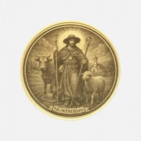 Detailansicht Messingmünze Heiliger Wendelin mit Hirtenstab Kuh und Schaf