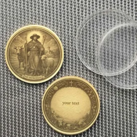 Personalisiertes Geschenk Hl. Wendelin Münze mit Textgravur in Zierrahmen auf Rückseite