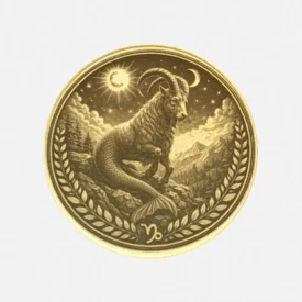 Detailansicht Messingmünze Sternzeichen Steinbock mit Sonne Mond und Symbol