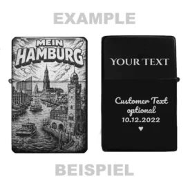 Hamburg Motiv Feuerzeug Rückseite, personalisierte Gravur-Option für Namen und Widmungen.