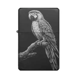 Graviertes Papageienfeuerzeug, exotisches Design auf schwarzem Metallgehäuse, Geschenkidee.