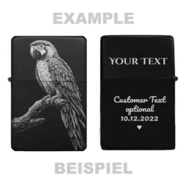 Papagei Motiv Feuerzeug Rückseite, Option für personalisierte Namensgravur und Widmungen.