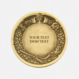 Rückseite der Hubertus Münze mit Gravurfeld umrahmt von Eichenlaub Jagdhund und Hirschkopf