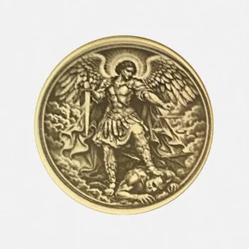 Vorderseite der Messing Münze mit Lasergravur Erzengel Michael mit Schwert und Waage