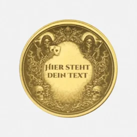 Rückseite der Santa Muerte Münze mit Platz für Gravur in Rahmen mit Grim Reaper und Karten