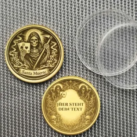 Personalisiertes Geschenk Santa Muerte Münze mit Textgravur in Rahmen mit Sensenmann und Skulls
