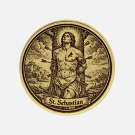 Detailansicht Messingmünze St. Sebastian Schutzpatron der Schützen von Pfeilen durchbohrt