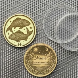 Beispiel einer personalisierten Sternzeichen Fische Münze mit Textgravur auf der Rückseite.
