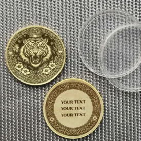 Krafttier Tiger personalisierter Glücksbringer Münze Messing Gravur - Beispiel mit persönlicher Gravur